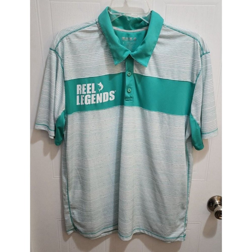 Reel Legends Freeline Lite Size L White Green Short Sleeve‎ Polo Shirt Dri Fit